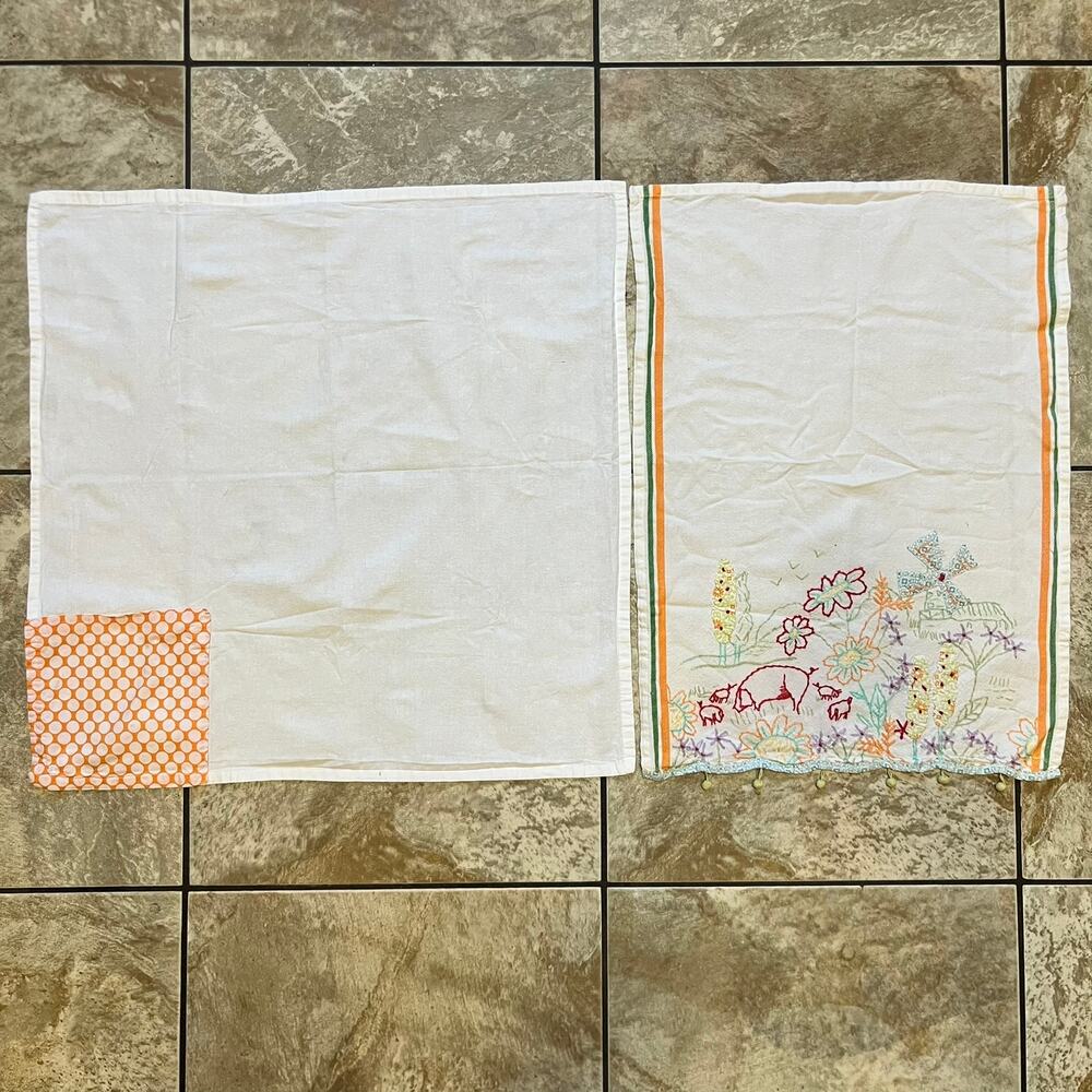 Cotton Dish Towels Pair Embroidered Farm Scene Patchwork Polka Dot Trimmed
